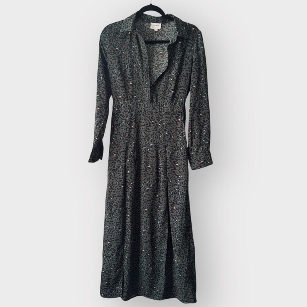 Everly green leopard print long sleeve maxi dress with slits, size small - Picture 4 of 8